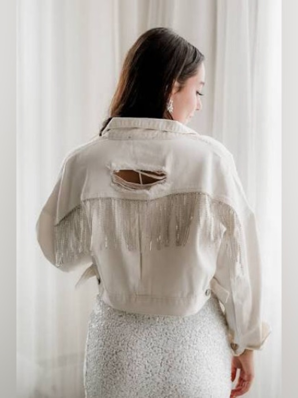 Cropped White Rhinestone Fringe Denim Jacket